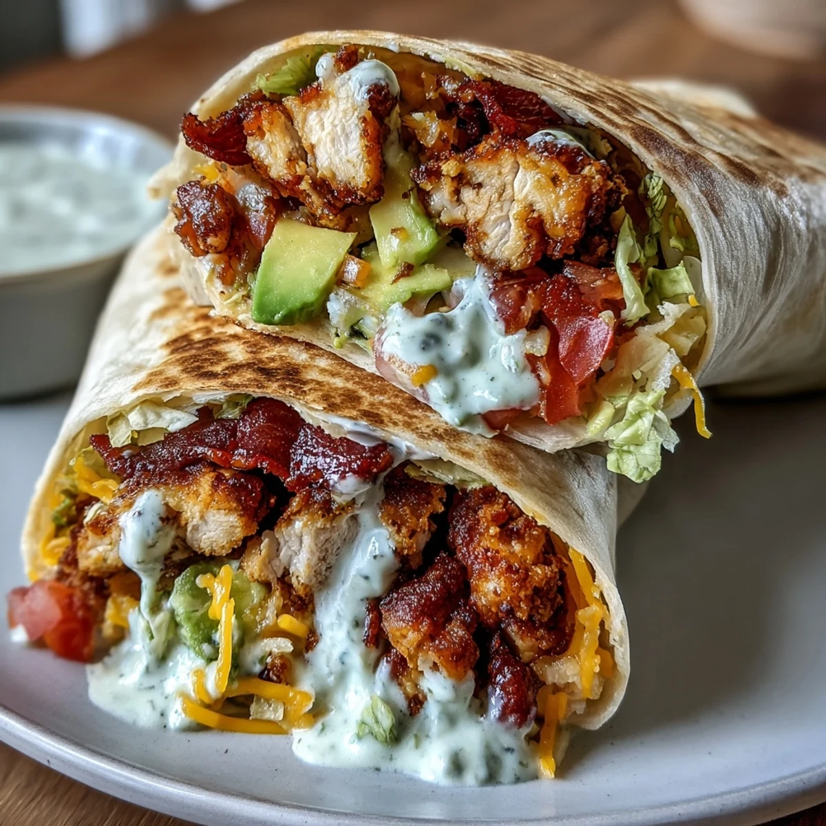 Crispy Chicken Bacon Wrap mit knusprigem Speck, gegrilltem Hähnchen, cremiger Avocado und frischem Salat auf weichem Tortilla.