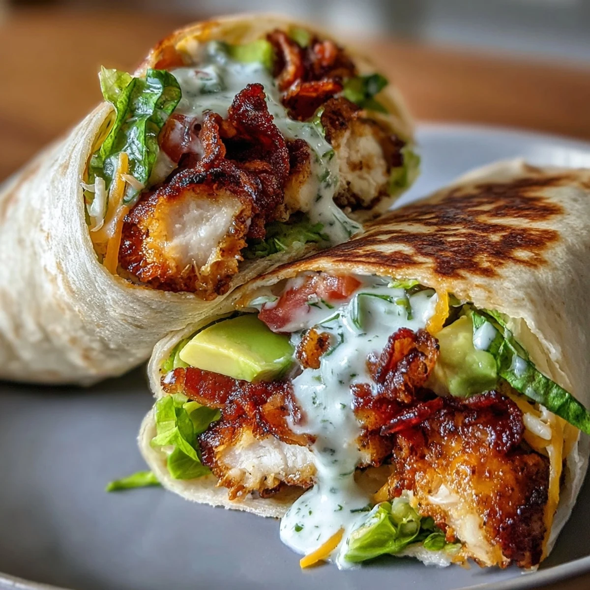 Häppchenförmige Crispy Chicken Bacon Wrap mit knuspriger Kruste, saftigem Hähnchen, knusprigem Speck und knackigem Eisbergsalat am Stück.