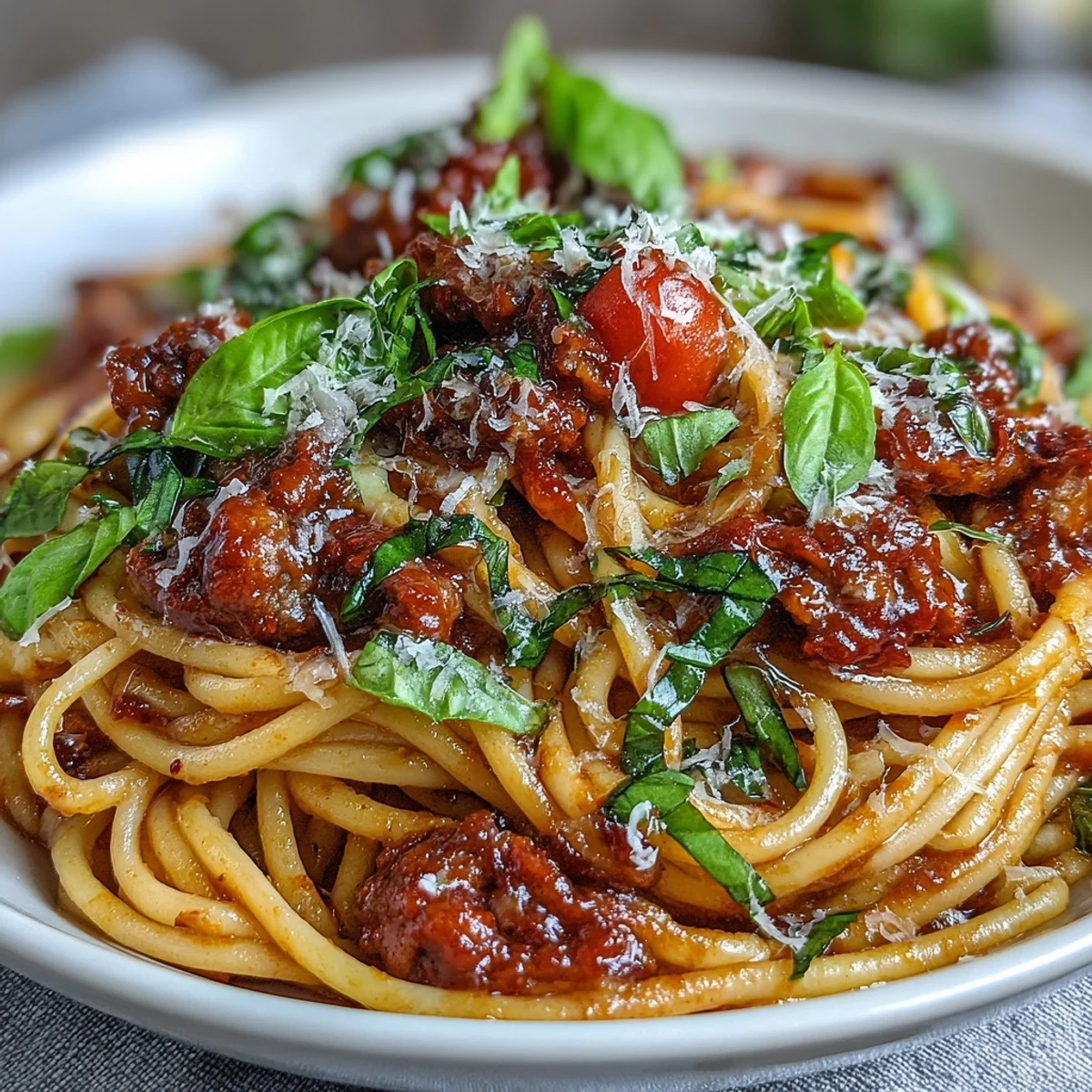Ein Teller italienische Drunken Noodles mit Tomaten, Knoblauch und geriebenem Parmesan garniert.