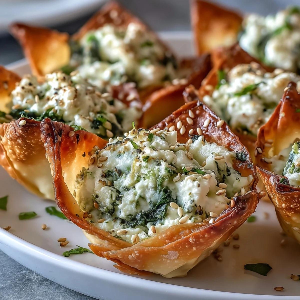 Frisch gebackene Mediterranean Spinach and Feta Cheese Crisps, belegt mit Sesam und Paprika.