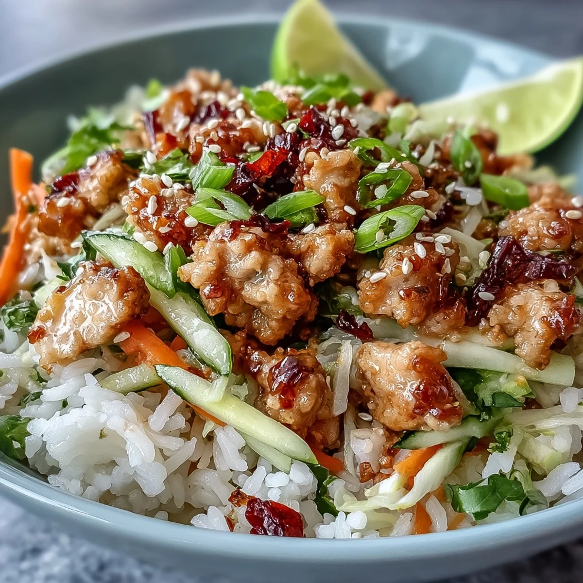 Bang Bang Ground Turkey Rice Bowls mit glasiertem Truthahn und knackigem Gemüse auf weißem Reis.