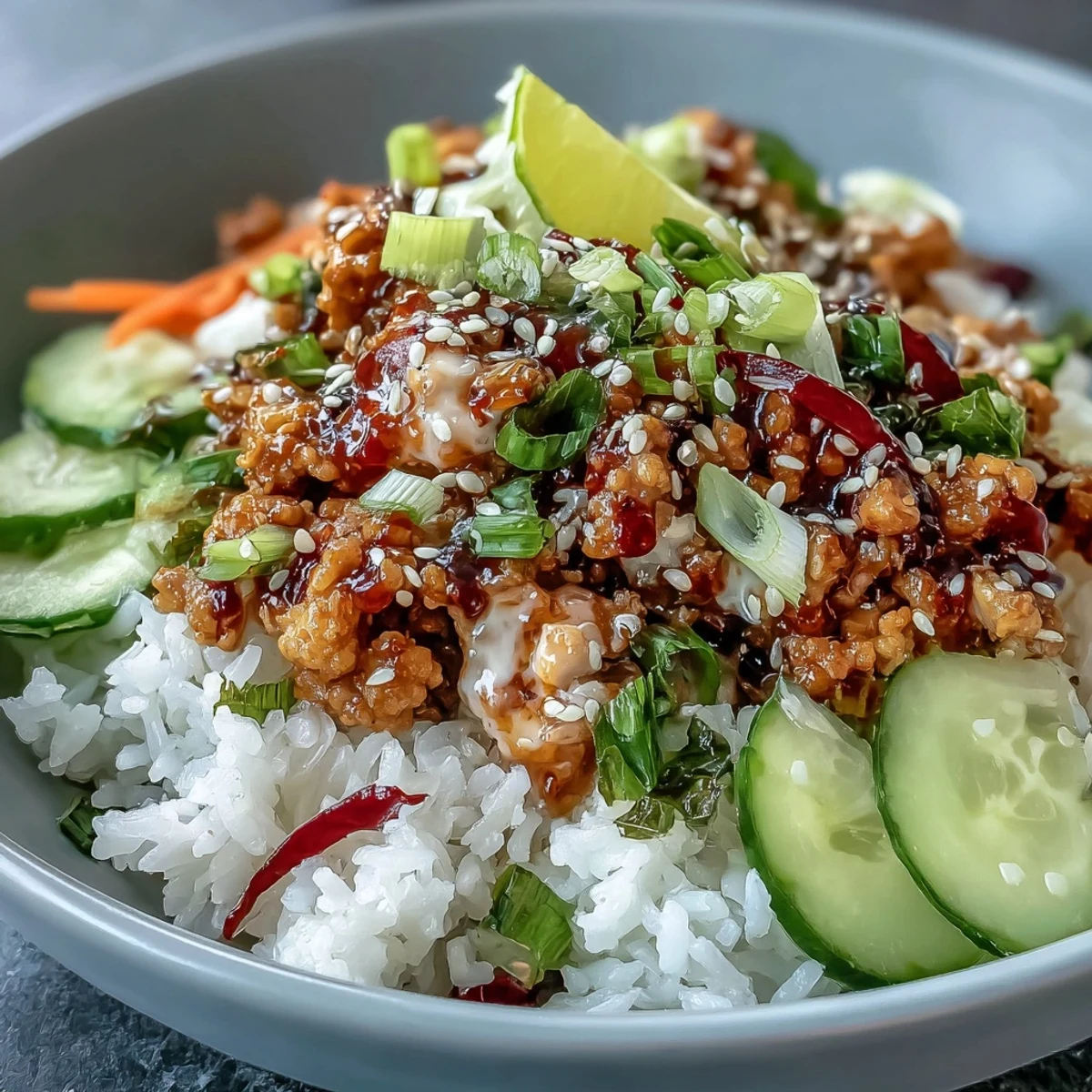 Saftiger Truthahn in scharfer Chili-Mayo-Sauce über Reis mit Karotten, Gurken und Kohl in Schalen.