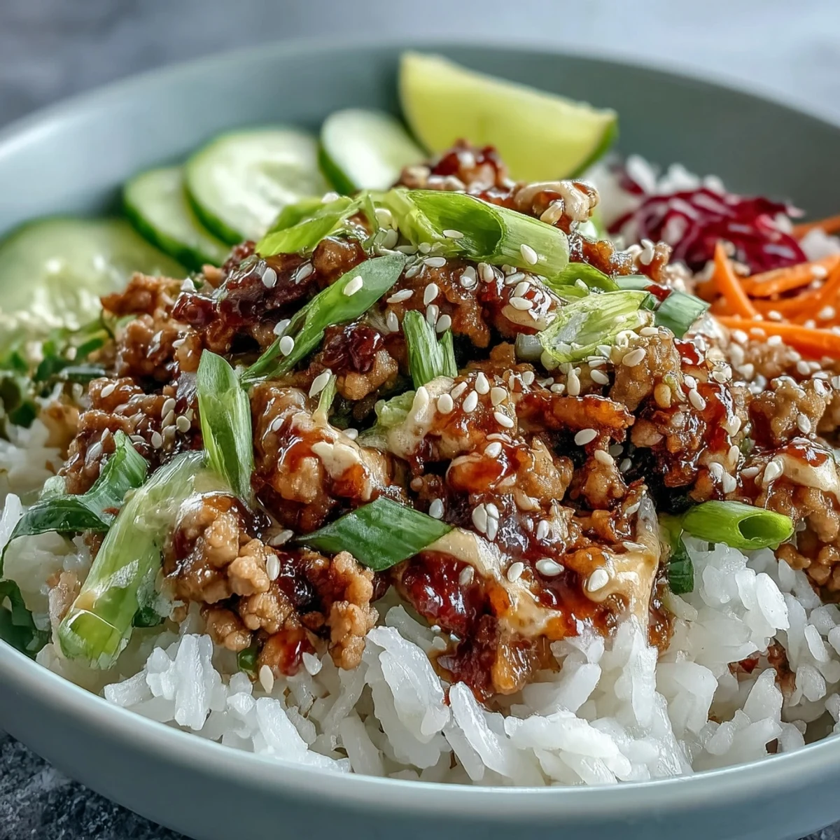 Frisch zubereitete Bang Bang Ground Turkey Rice Bowls mit buntem Gemüse, Sesam und Limettenscheiben.