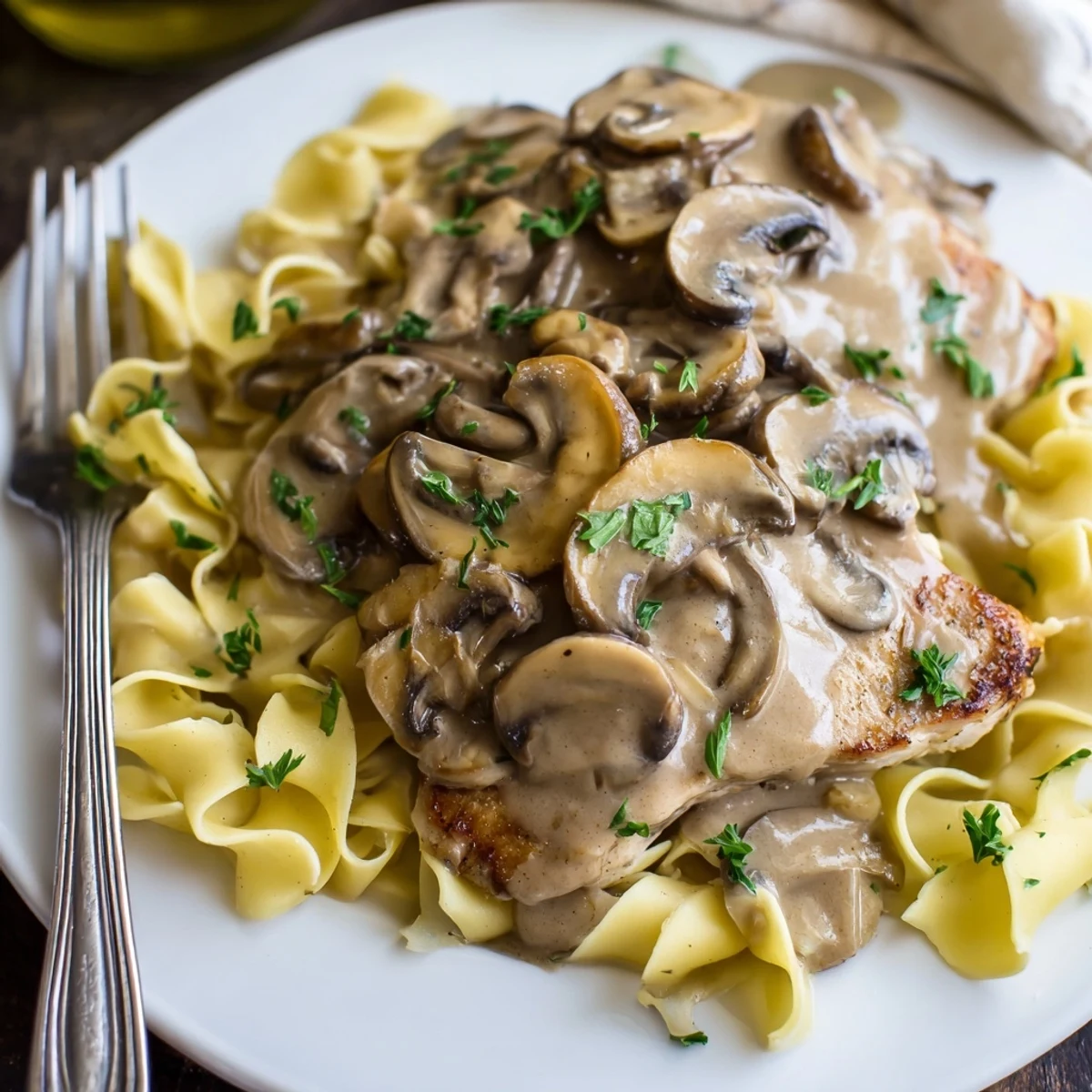 Saftige Pilz-Schweinekoteletts in cremiger Sauce, serviert mit zarten Bandnudeln. 