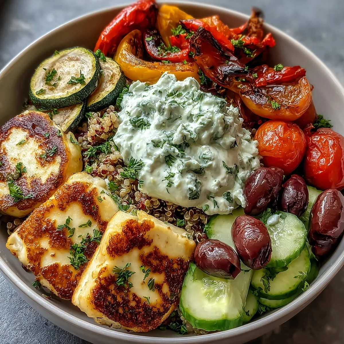 Grilled Mediterranean Bowl mit saftigem Hähnchen und Halloumi auf Quinoa, garniert mit Oliven und Feta.