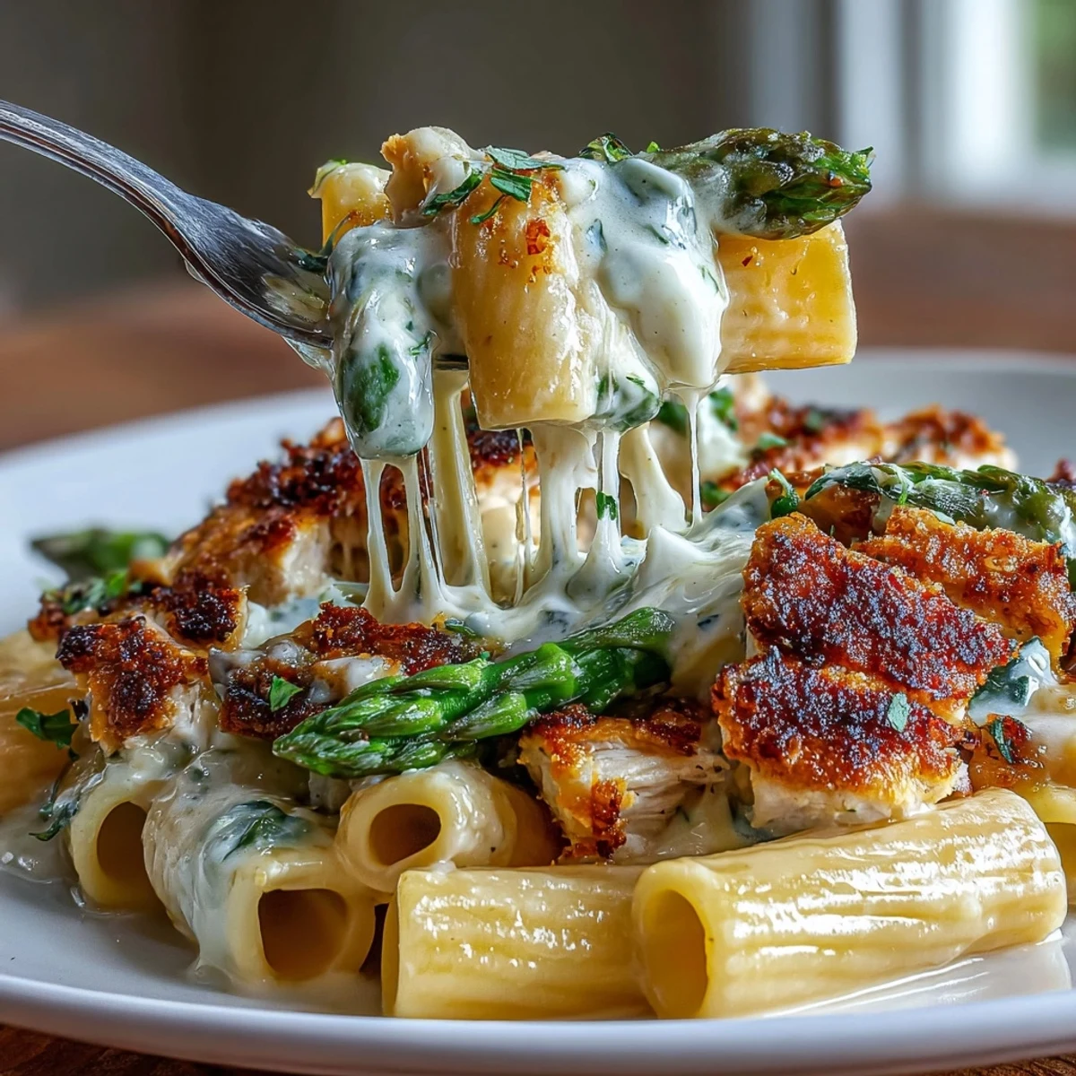 Goldbraune, knusprige Parmesan-Spargel-Hähnchen-Pasta auf einem Teller mit Zitronenmus.