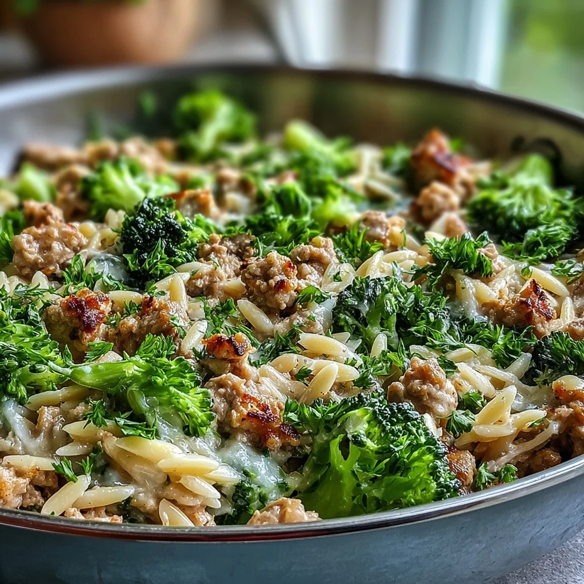 Creamy Garlic Turkey & Broccoli Orzo served in a skillet, garnished with fresh parsley and extra Parmesan cheese.
