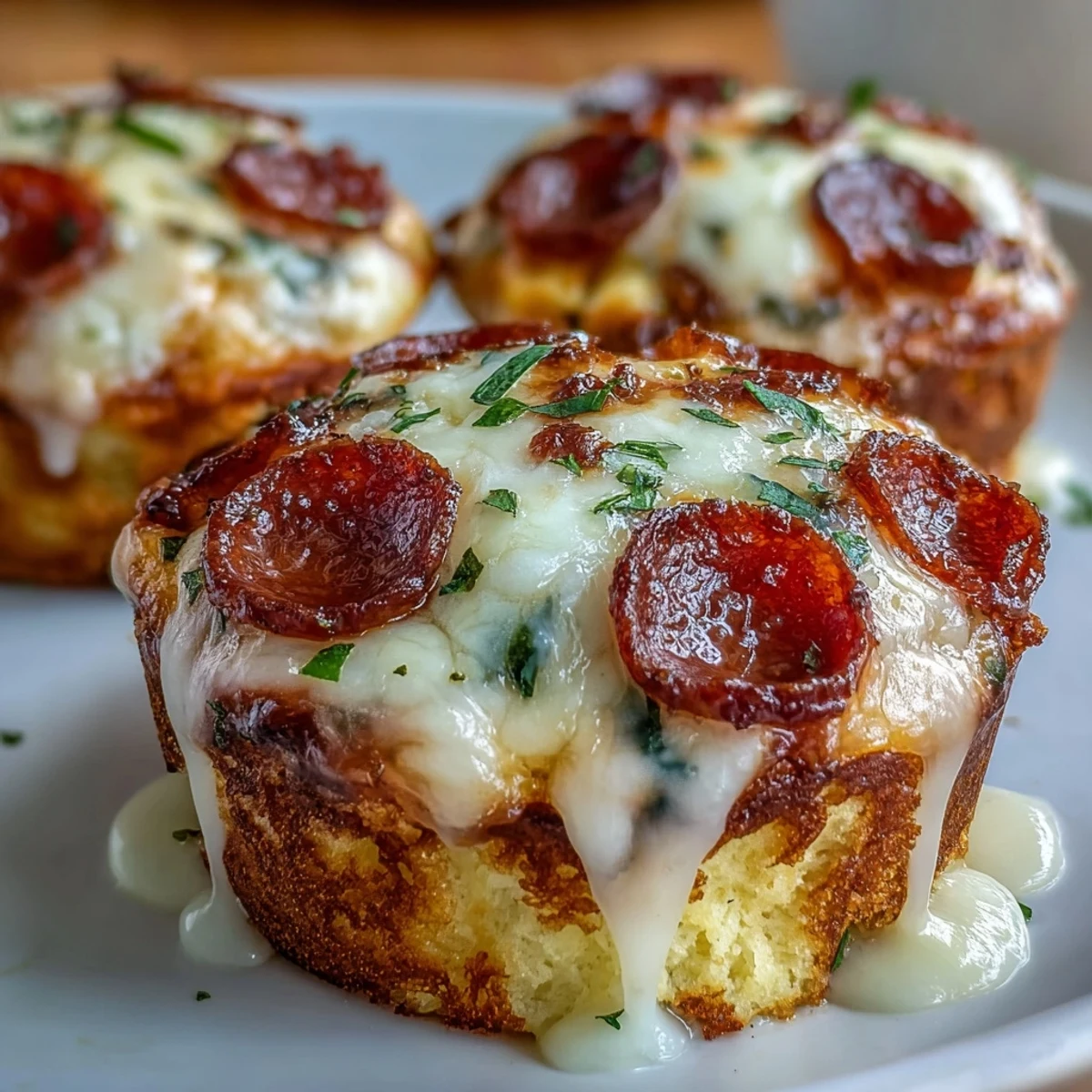 High-Protein Pepperoni Breakfast Cups auf einem rustikalen Holzbrett, serviert mit Tomatensauce zum Eintauchen.