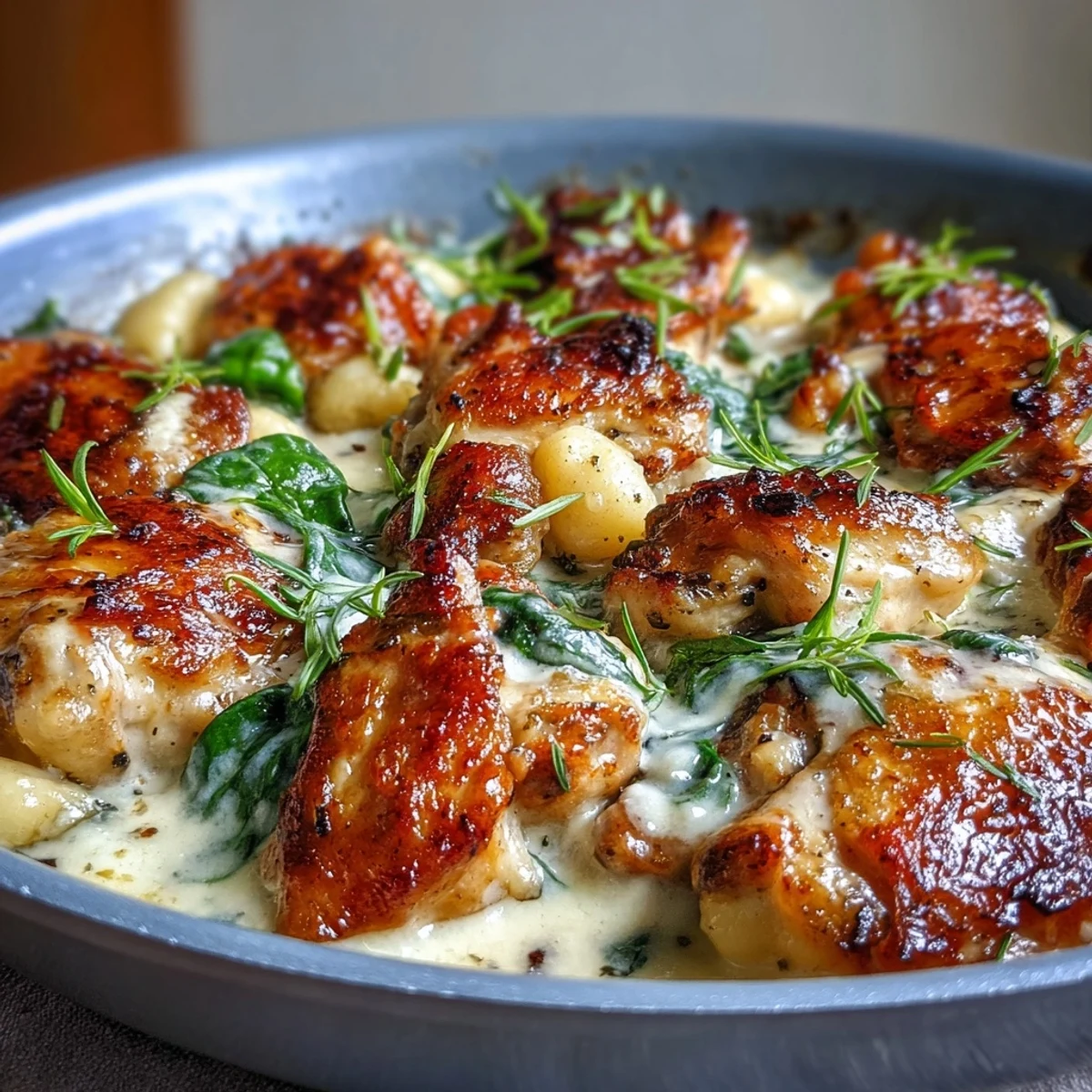 One-Pan Creamy Garlic Chicken Gnocchi in a skillet with golden-brown chicken thighs and wilted spinach