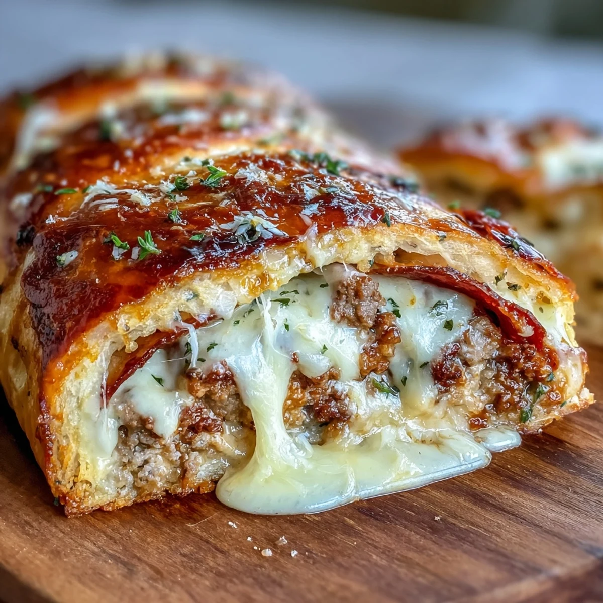 Goldener Baked High-Protein Pepperoni Stromboli, gerade aus dem Ofen auf einem Holzbrett serviert.