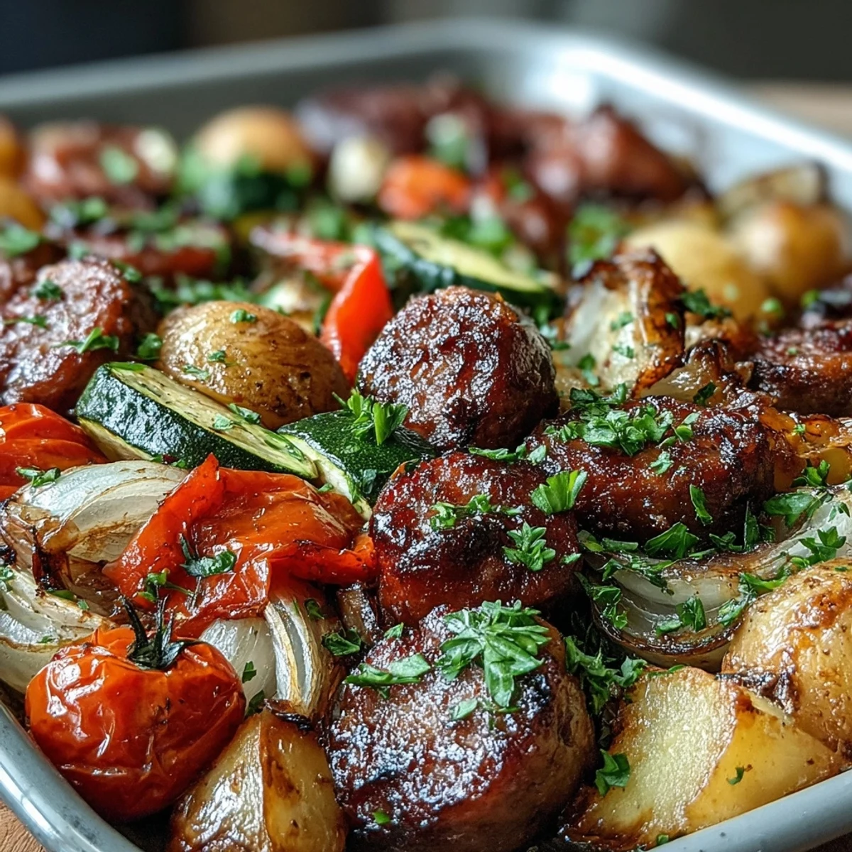 Räuchriges Sheet Pan Sausage & Veggies mit Naan: knusprig gebratene Wurst und farbenfrohes Gemüse, frisch aus dem Ofen serviert.