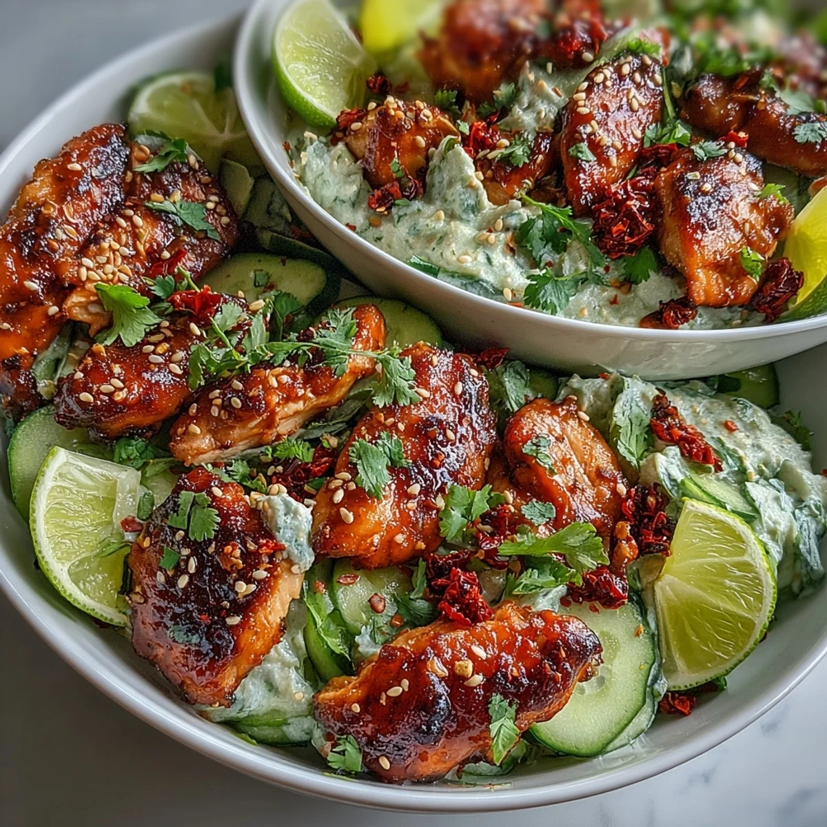 Geschnetzeltes Hähnchen auf cremiger Gurkensalat-Schüssel mit Chili-Crisp und Sesam garniert.