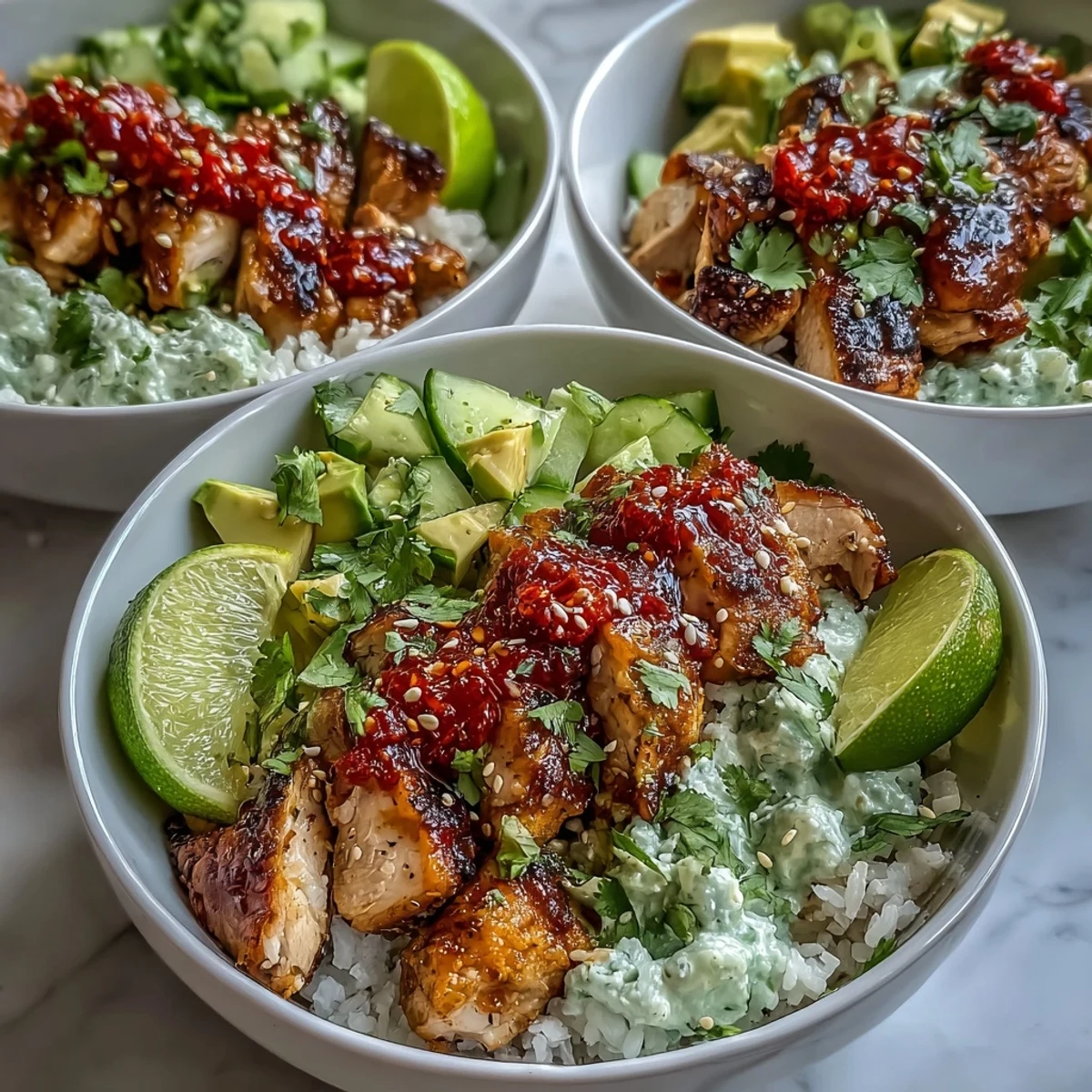 Asiatische Fusion Bowl: Hähnchen und Gurkensalat mit Chili-Crisp auf Reis, garniert mit Koriander und Limette.