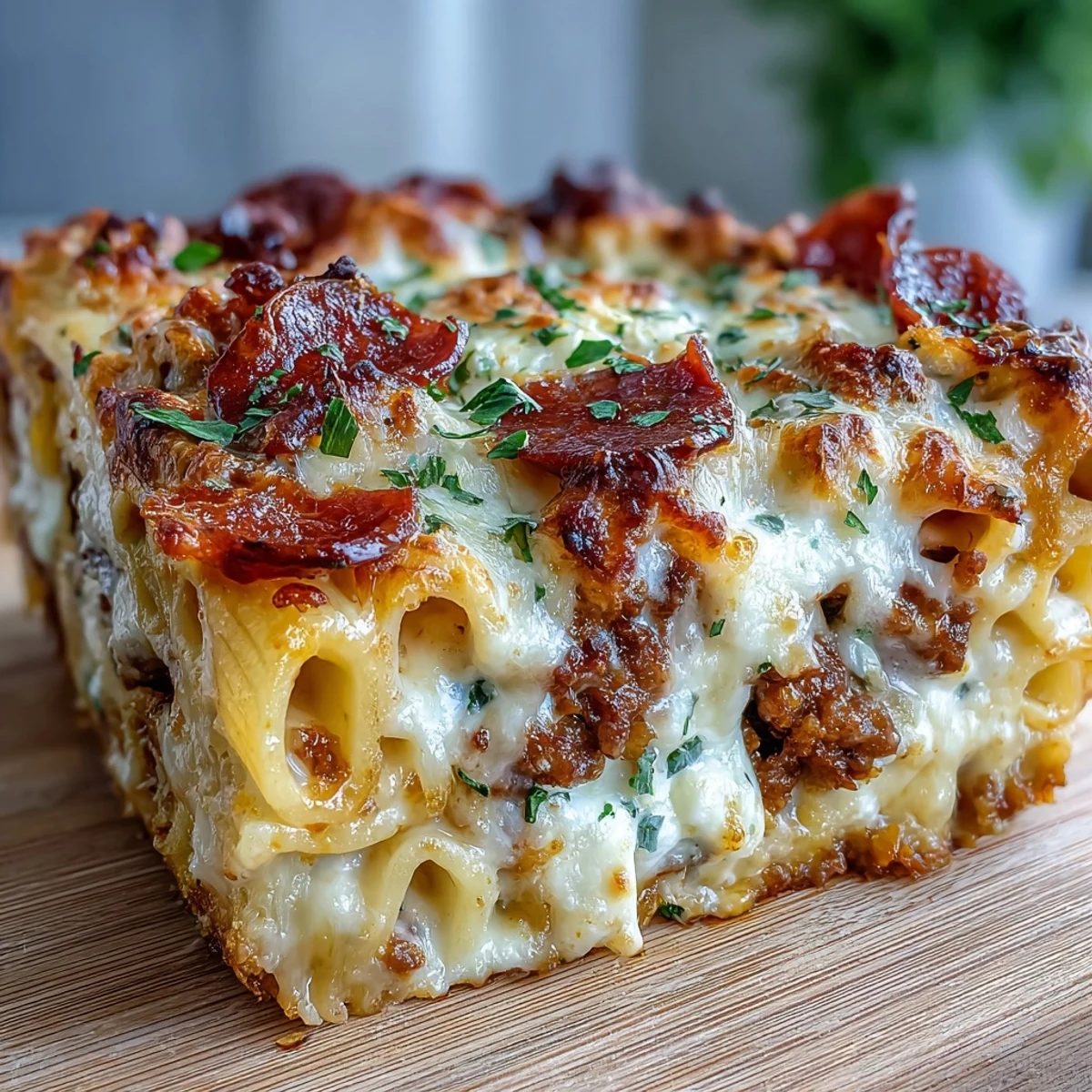 Goldene High-Protein Pizza Pasta Bake frisch aus dem Ofen mit geschmolzenem Mozzarella und Pepperoni Scheiben.