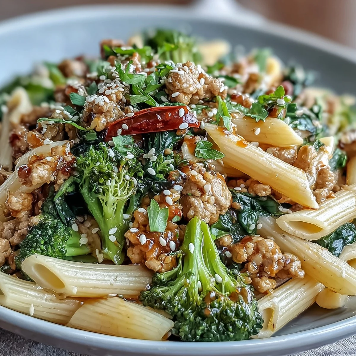 Sweet & Spicy Turkey Broccoli Pasta mit glasiertem Pute-Hackfleisch, knusprigem Brokkoli und Al-Dente-Penne auf weißem Teller.