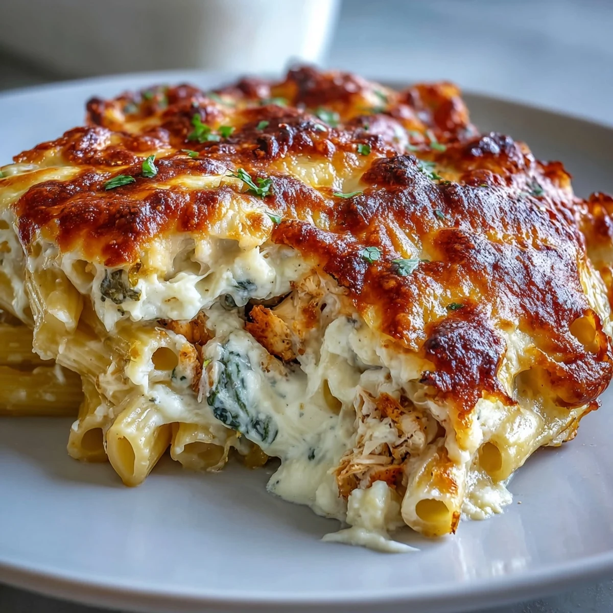 Creamy Greek Yogurt Chicken Alfredo Bake served with salad and white wine for dinner.