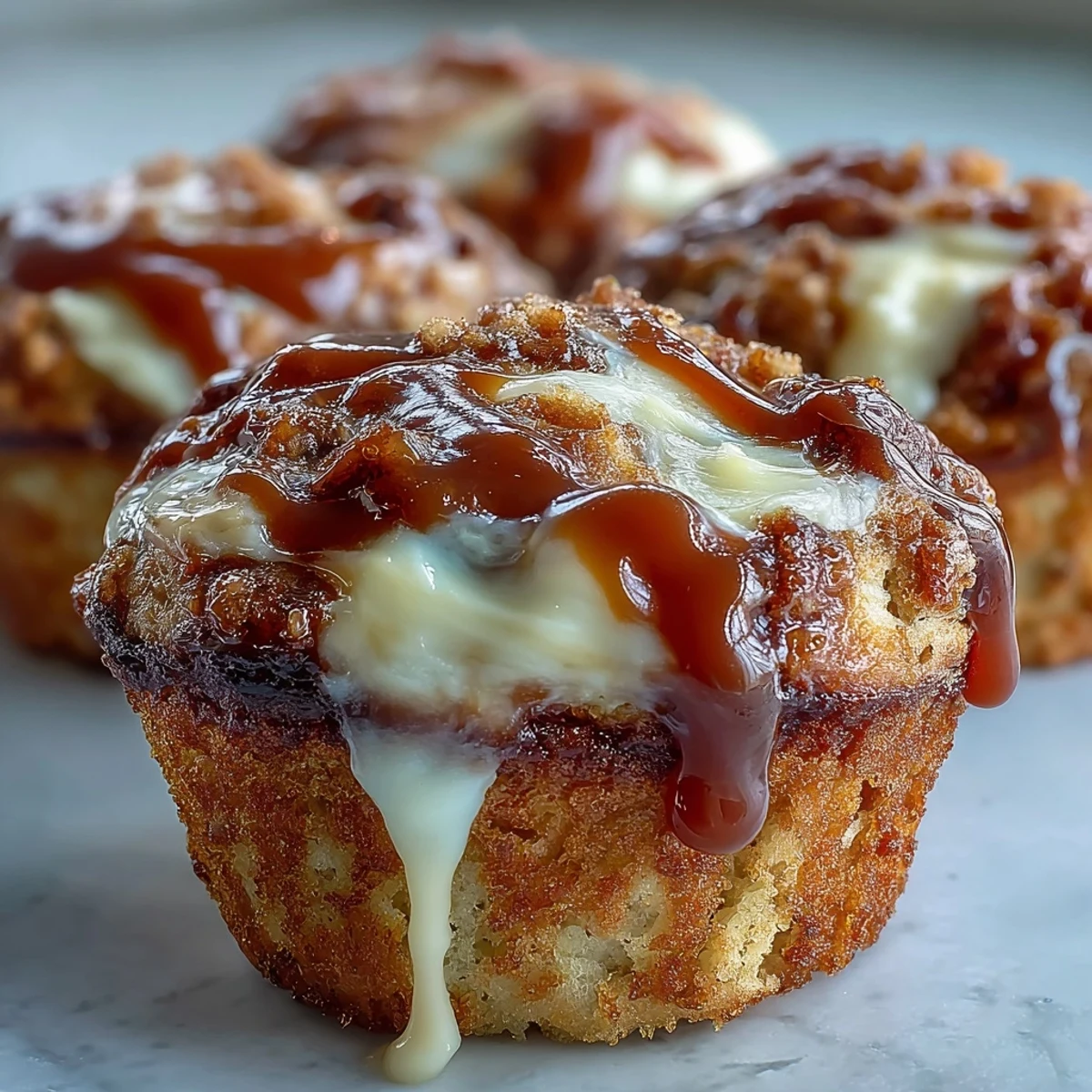 Moist Caramel Cream Cheese Swirl Muffins with golden tops, drizzled with caramel and ready to serve for breakfast or dessert.