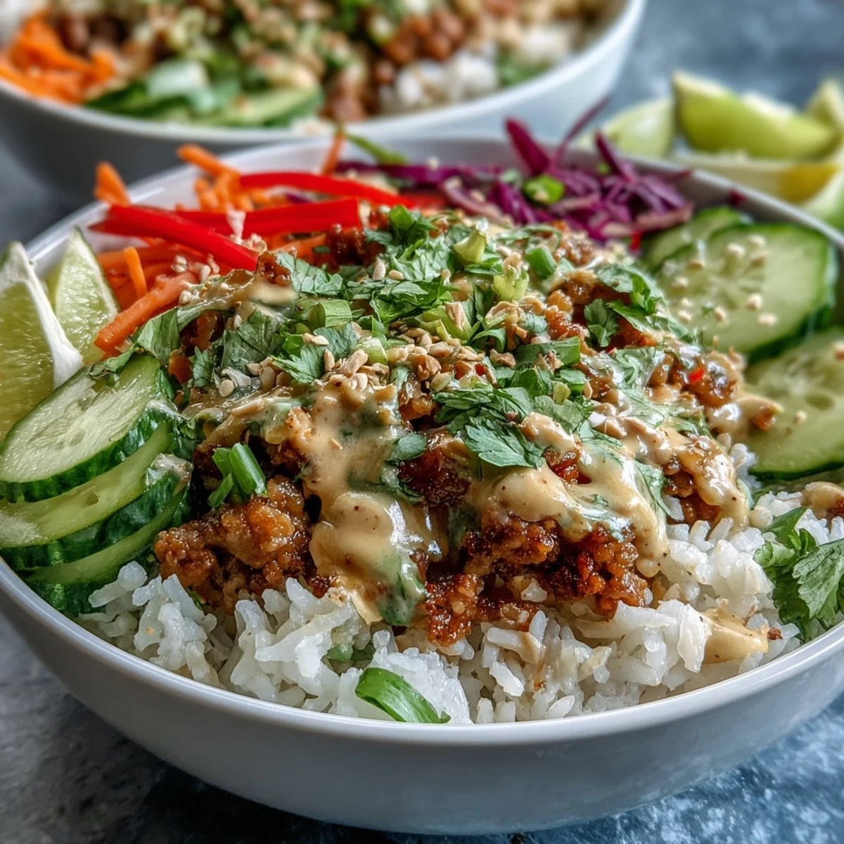 Spicy Bang Bang Turkey Rice Bowls mit knackigem Gemüse und cremiger, scharfer Sauce auf dem Teller.