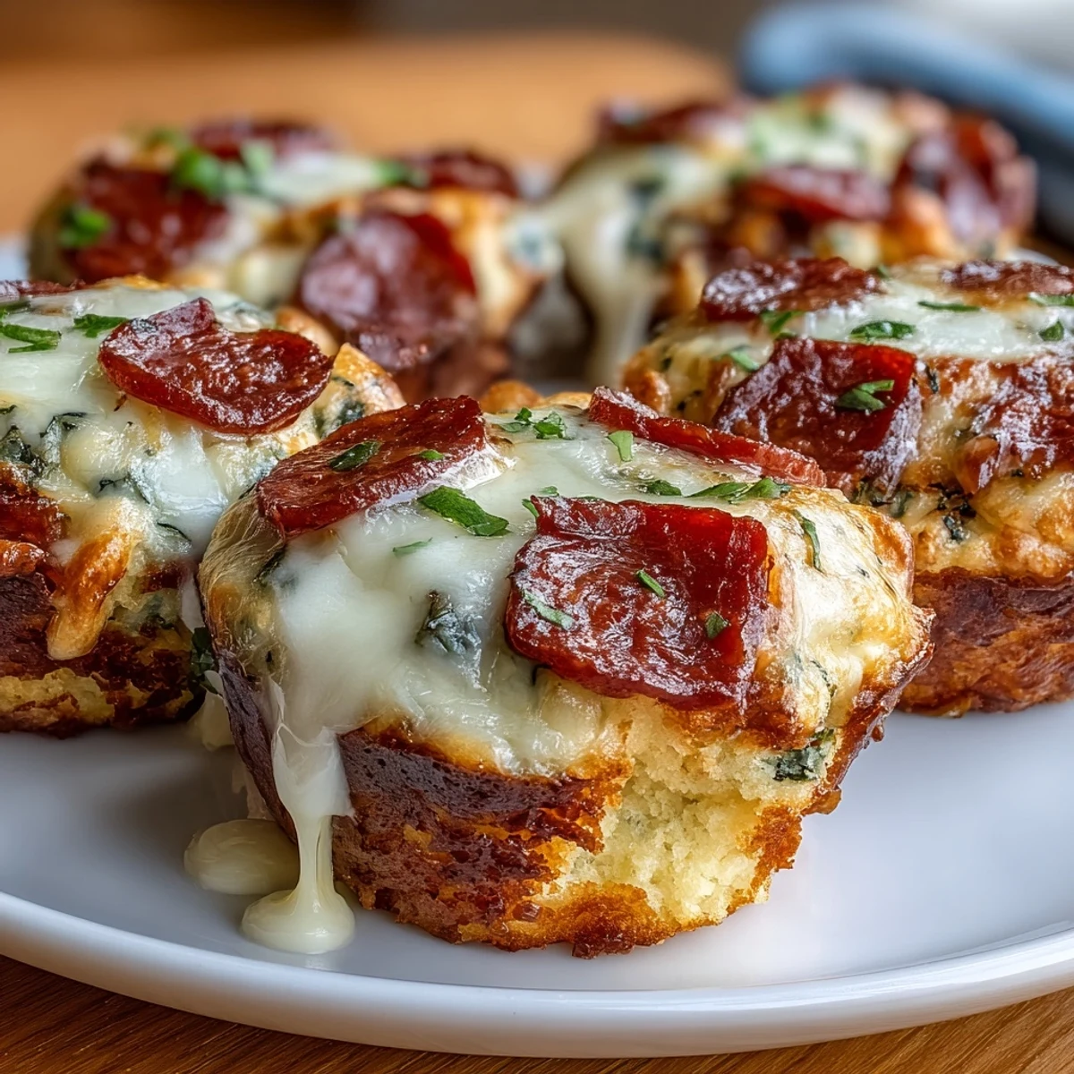 Gebäckformen mit High-Protein Pepperoni Breakfast Cups frisch aus dem Ofen, goldbraun und aufgetrieben.