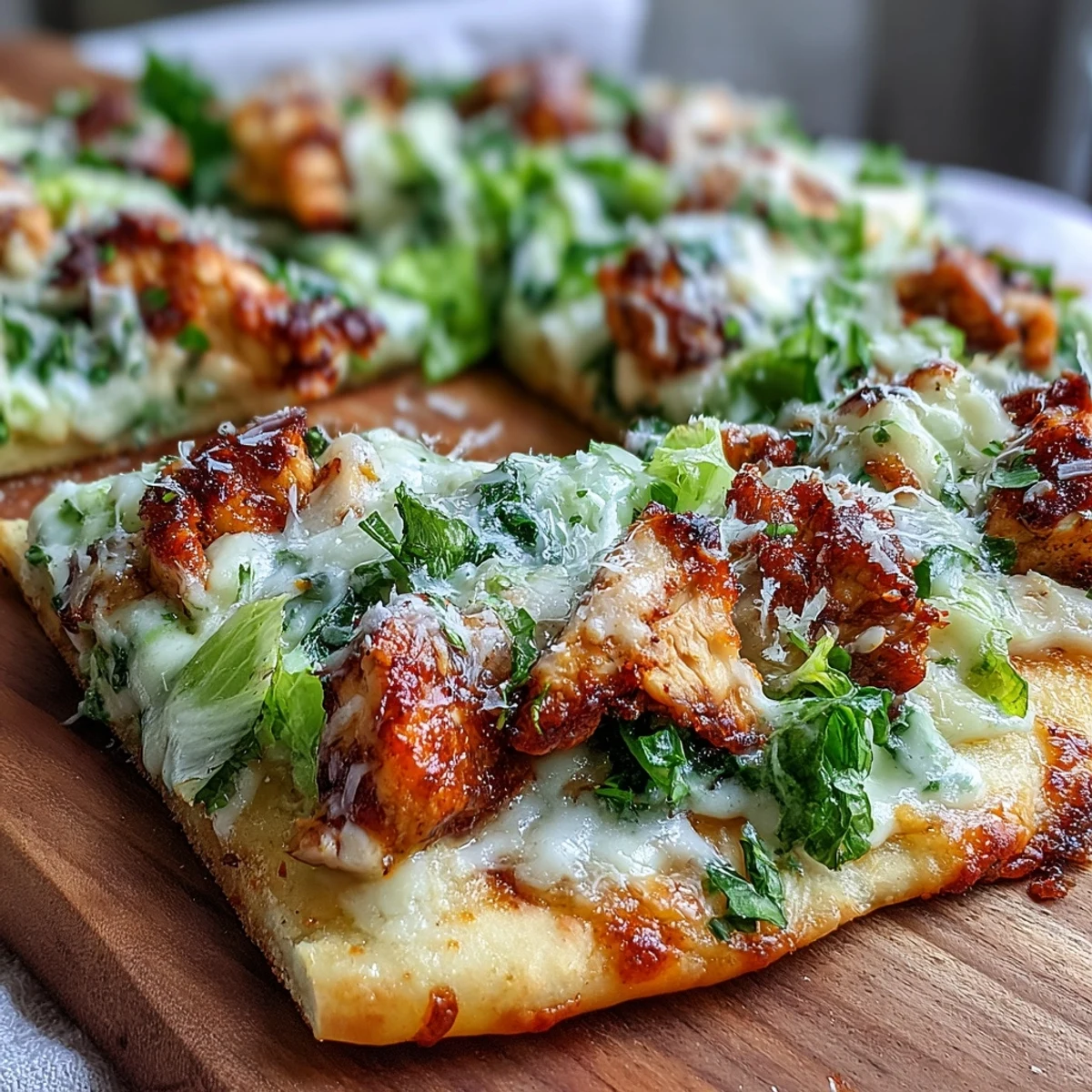 Goldener Garlic Naan Chicken Caesar Pizza, belegt mit saftigem Caesar-Hähnchen, geschmolzenem Mozzarella und knackigem Rucola.