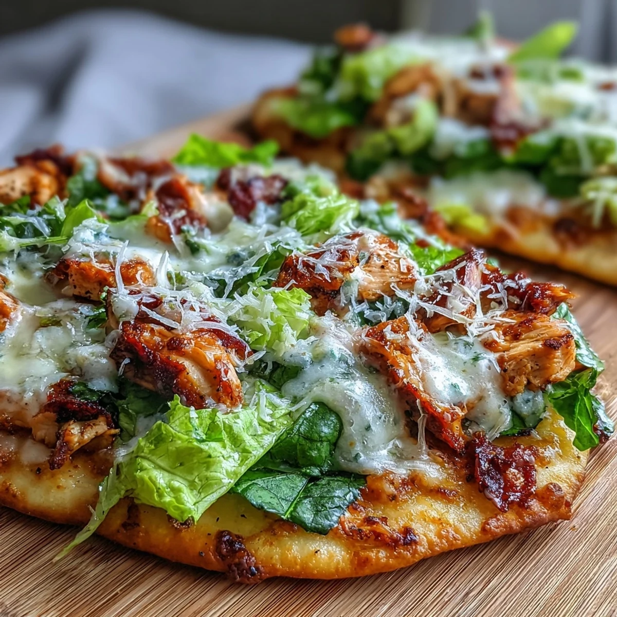 Warmes, knuspriges Garlic Naan Chicken Caesar Pizza, fertig zum Servieren mit Parmesan und frisch gemahlenem schwarzen Pfeffer.