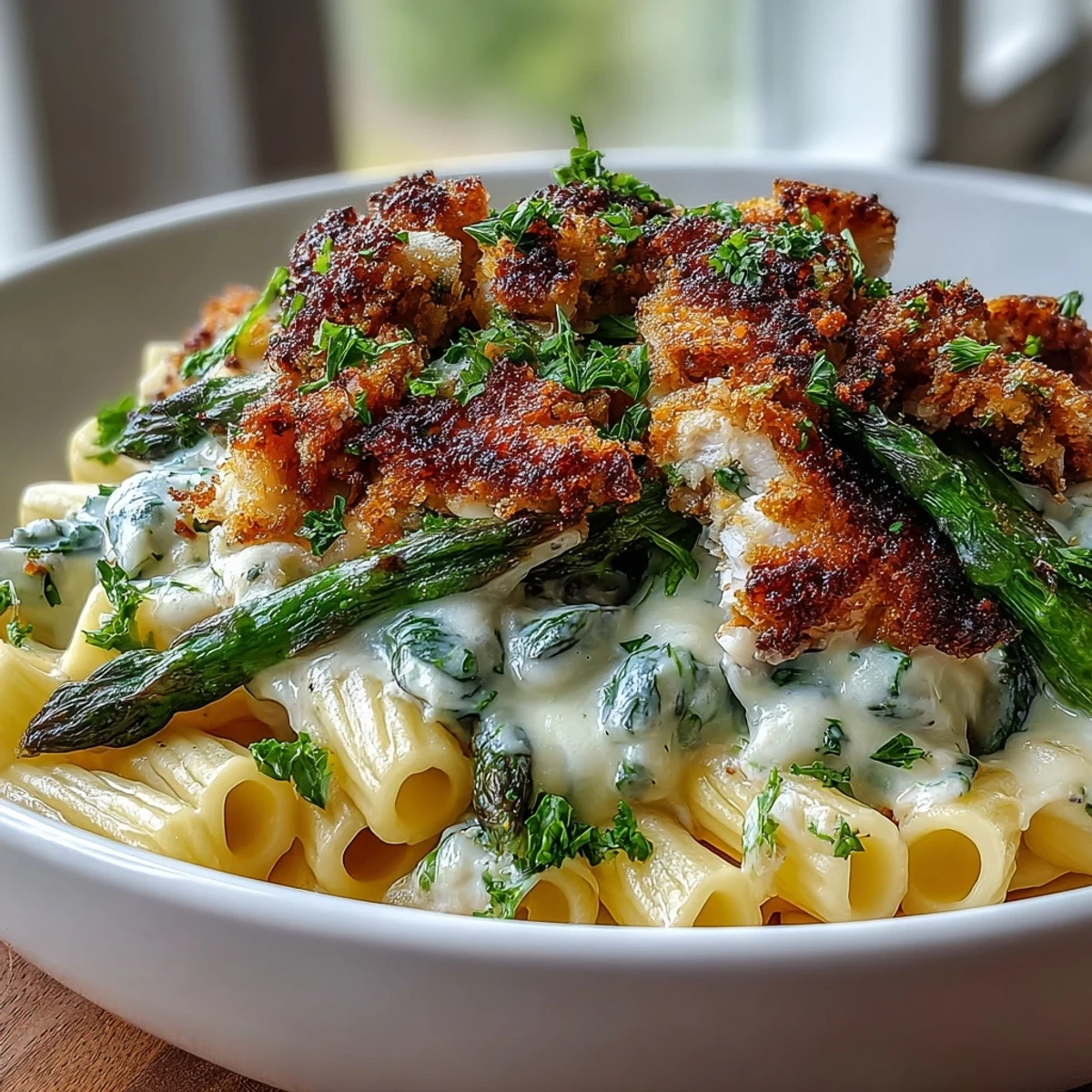 Genieße Crispy Parmesan Asparagus Chicken Pasta mit Zitronennote und frischem Petersilienstreuseln.