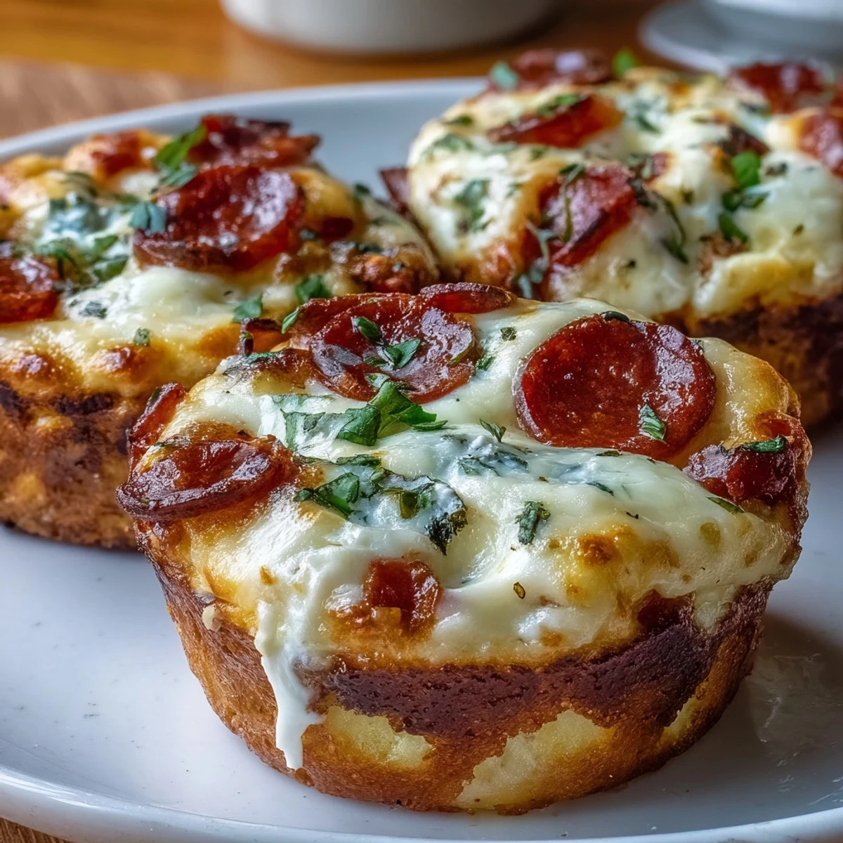 High-Protein Pepperoni Breakfast Cups baked golden in a muffin tin, filled with melty mozzarella and pepperoni.