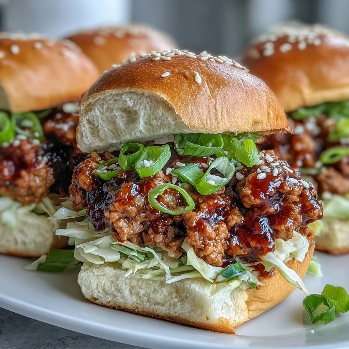 Goldbraune Korean Turkey Sloppy Joe Sliders mit würzigem Gochujang-Truthahn und cremiger Slaw, serviert auf Servierplatte.