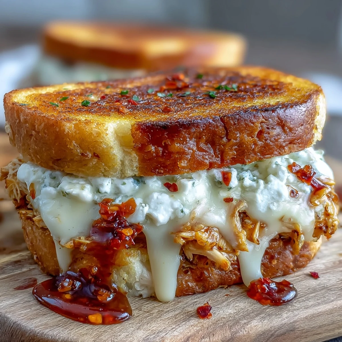 Gold-geröstetes Goat Cheese & Hot Honey Chicken Grilled Cheese Sandwich auf Holz.