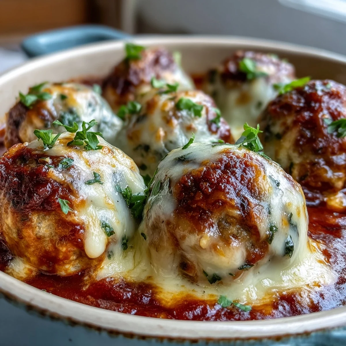 Scharfe Hähnchen Parmesan Meatballs aus dem Ofen, überbacken mit Mozzarella und Marinara auf einem Backblech.