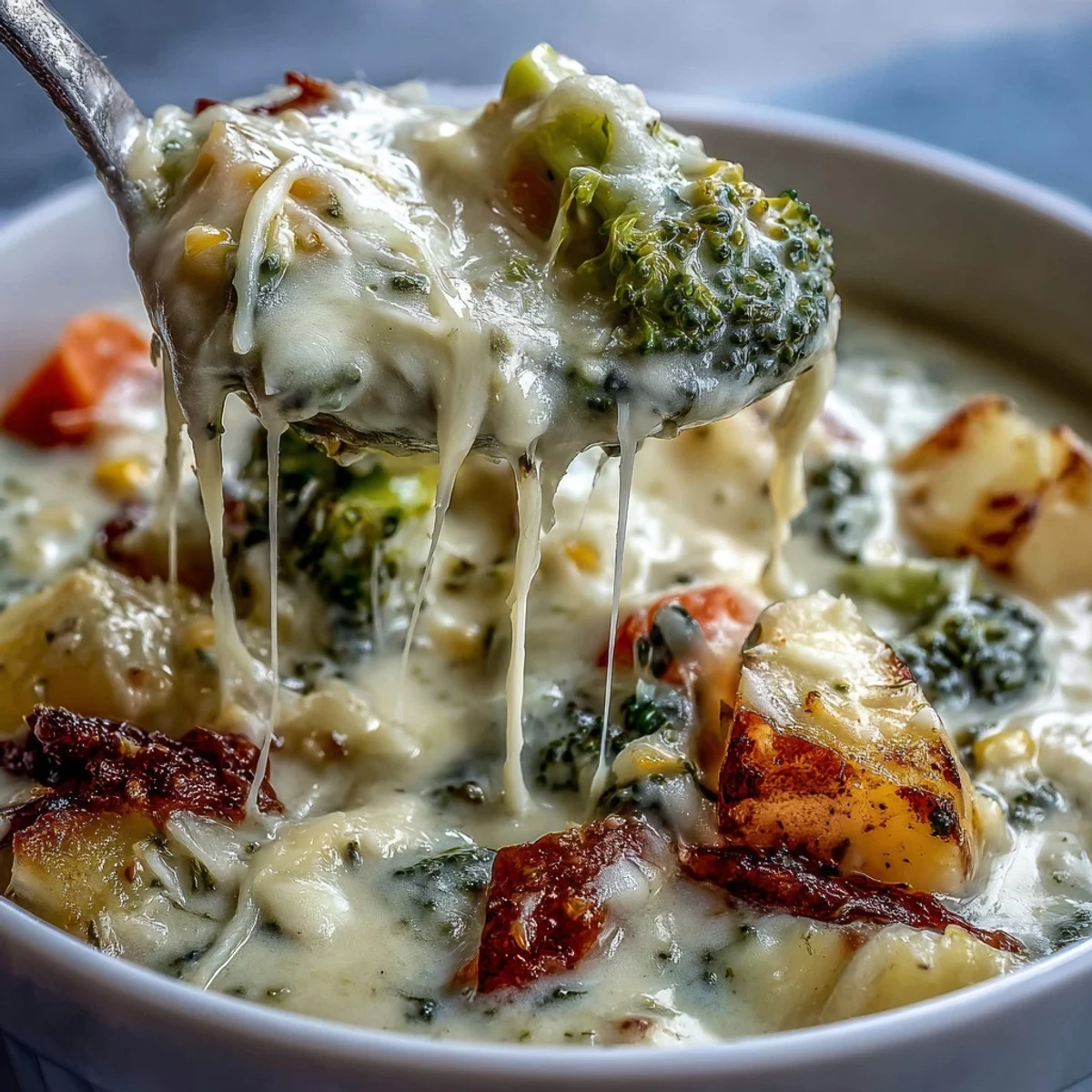 Creamy Garlic Parmesan Veggie Soup ladled into a rustic mug, melted mozzarella stretching with a spoon.