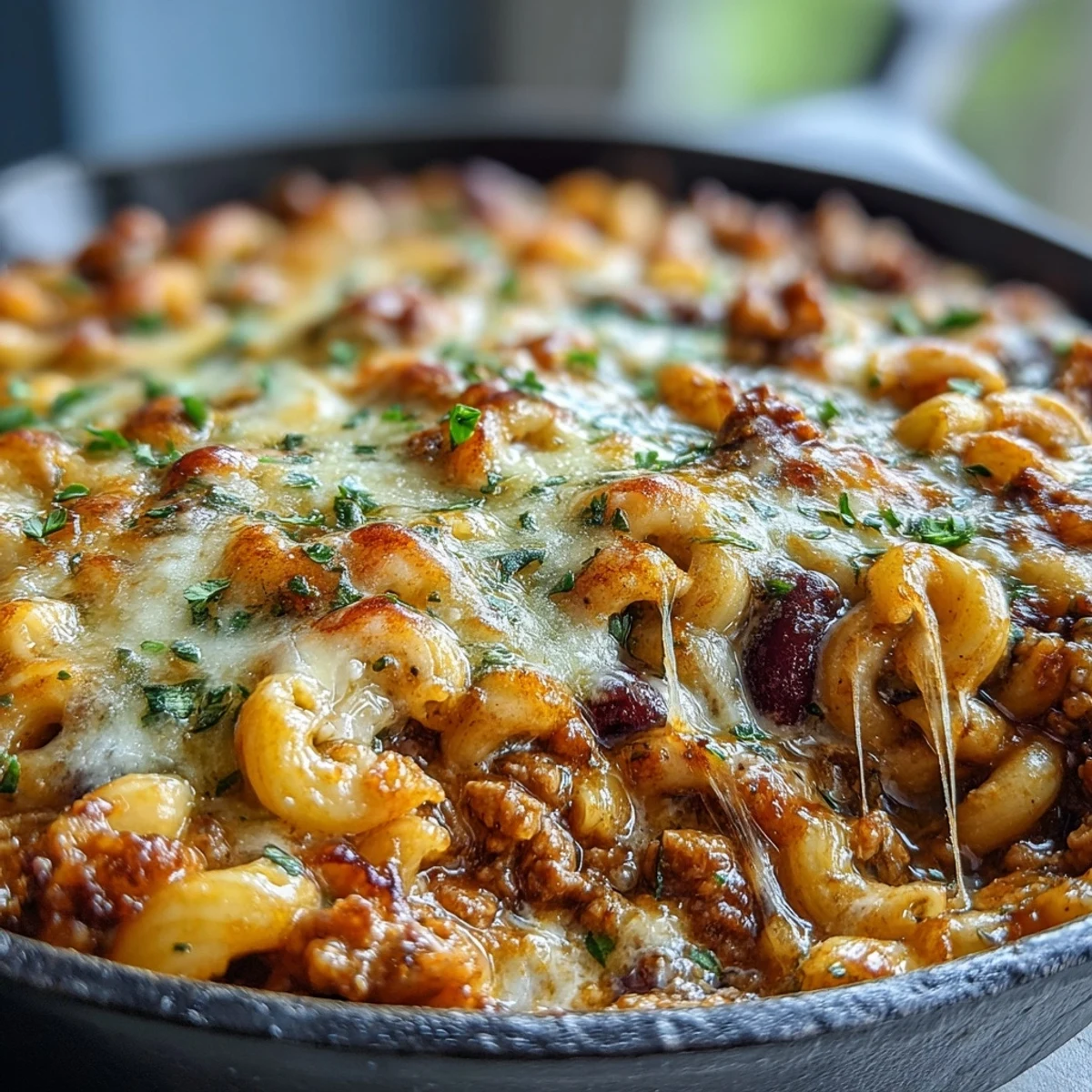 Köstliche Baked Ranch Turkey Chili Mac mit Nudeln, Bohnen und gewürztem Truthan, in einer Auflaufform.