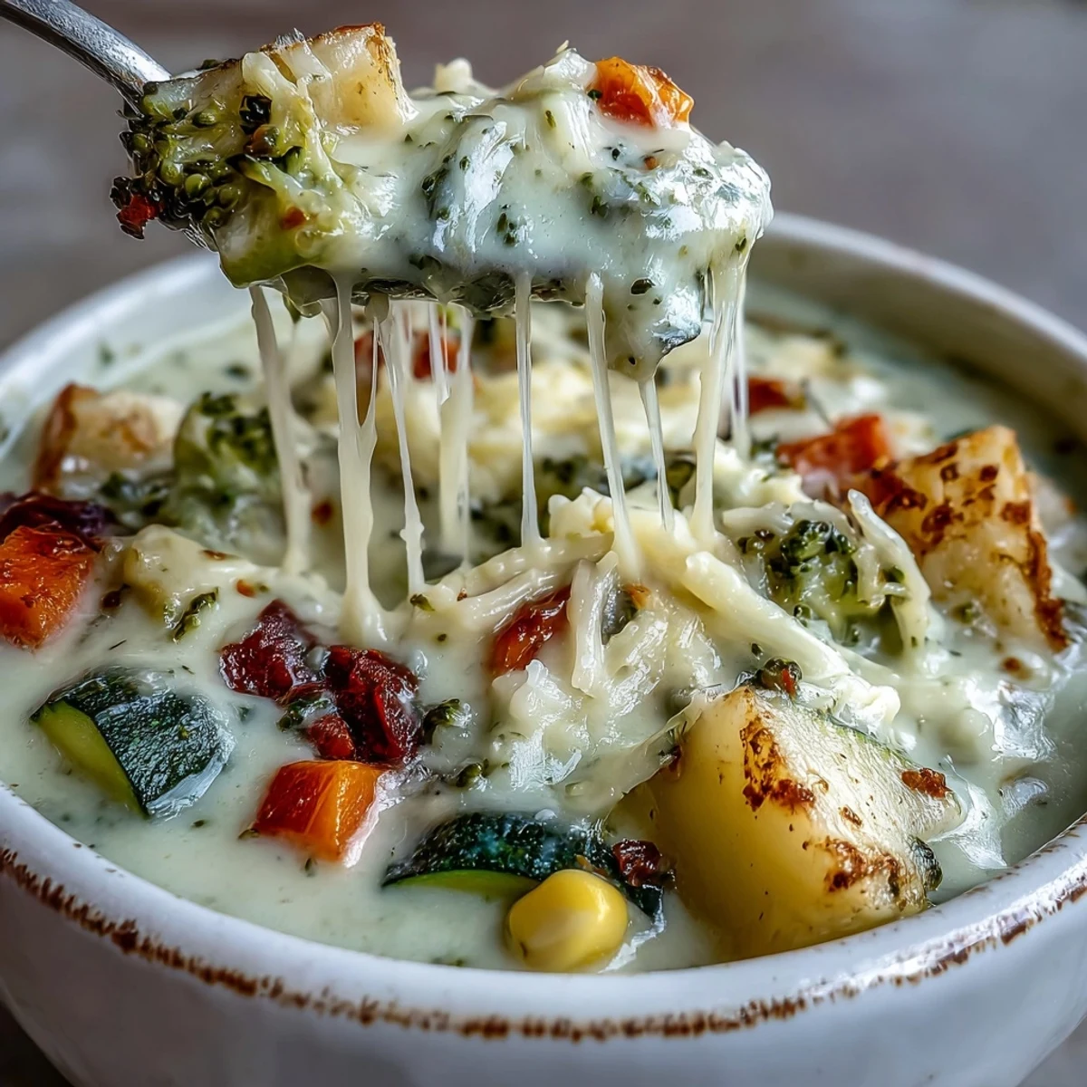 Rich and creamy Creamy Garlic Parmesan Veggie Soup garnished with thyme beside a slice of crusty bread