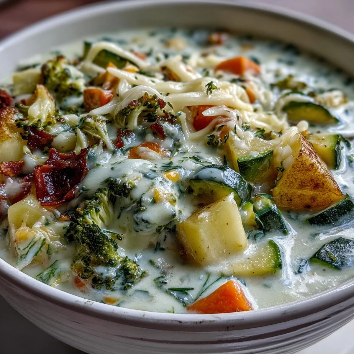 Velvety Creamy Garlic Parmesan Veggie Soup with colorful vegetables served steaming hot in a white ceramic bowl