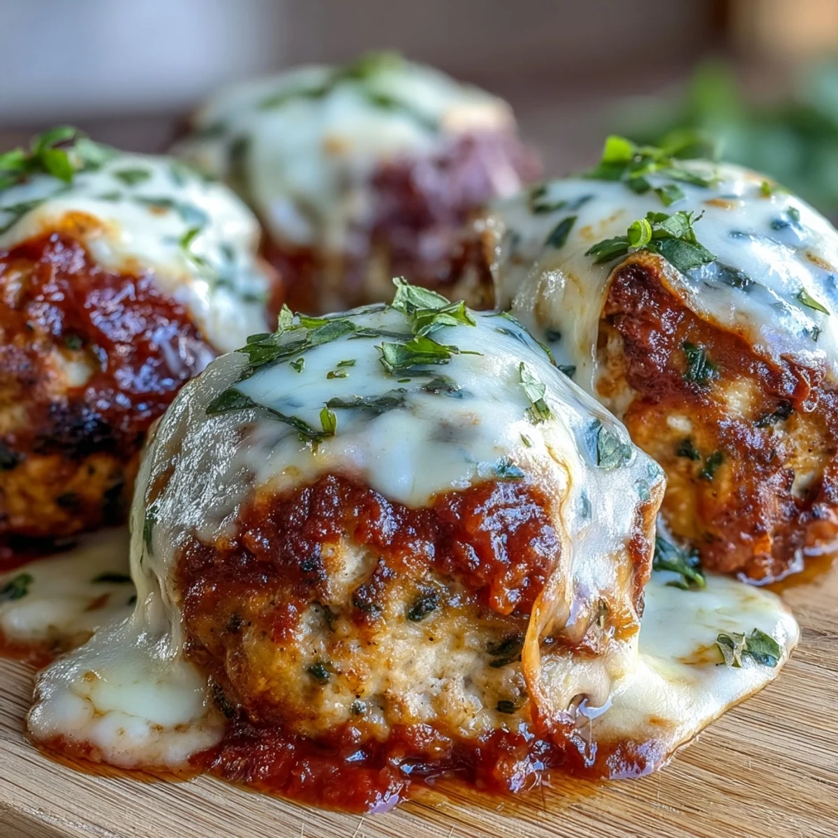 Saftige Baked Spicy Chicken Parm Meatballs auf Spaghetti serviert, perfekt für ein belegtes Sandwich oder gemischt mit Salat.