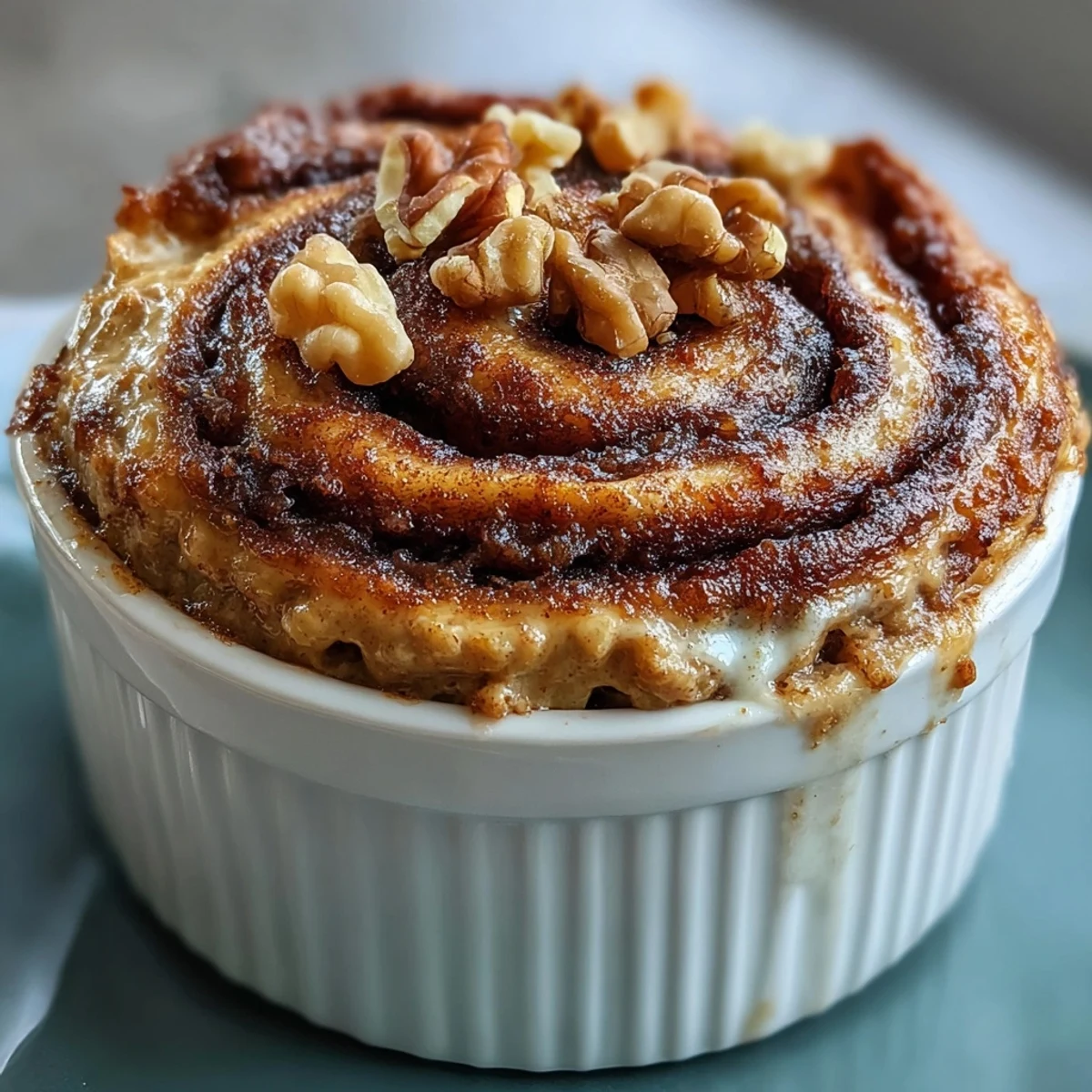 A warm slice of Cinnamon Swirl Protein Banana Baked Oats shows a gooey cinnamon ribbon inside fluffy oats.