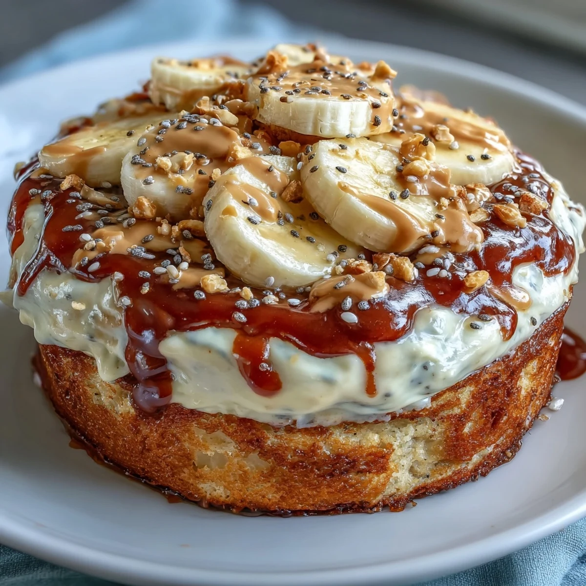 Frisch gebackene High-Protein Breakfast Pizza Bowl angerichtet mit Joghurt, Bananen und gestreuten Chiasamen als Protein-Frühstück.