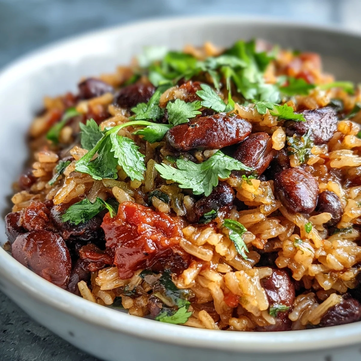 Bunte Schüssel mit Spanish Rice and Beans garniert mit Koriander, perfekt für ein veganes Hauptgericht.