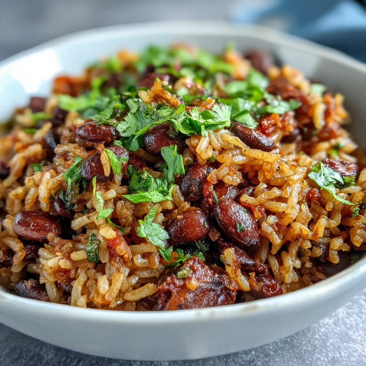 Duftende Spanish Rice and Beans in einer Ofenform, ideal für Meal Prep und eine gesunde Mahlzeit.