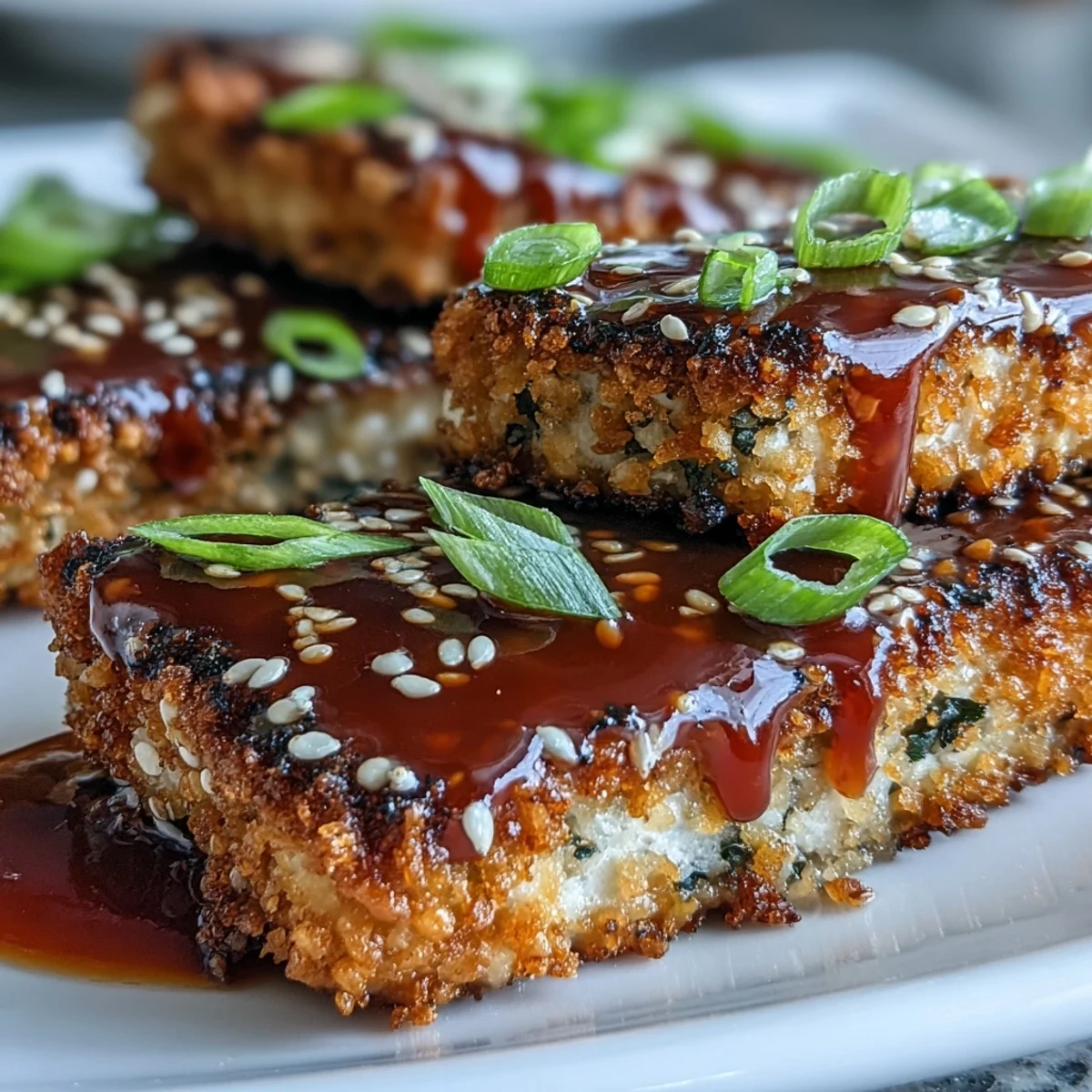 Sesame Crusted Tofu Steaks mit Teriyaki Sauce, knusprig gebraten und mit glänzender Glasur für vegane Abendessen.