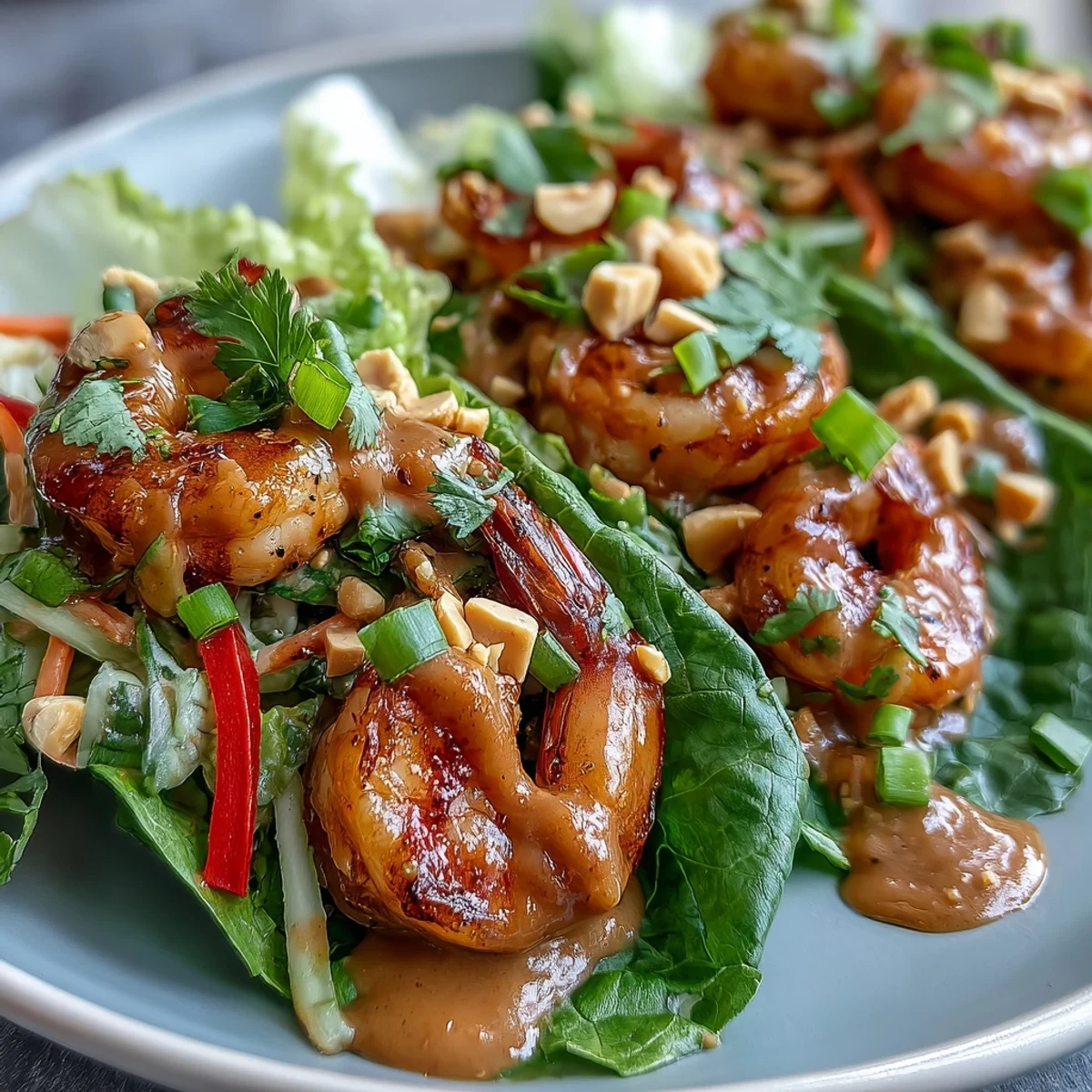 Juicy stir-fried shrimp in Shrimp Lettuce Wraps with Peanut Sauce, drizzled with creamy sauce and fresh cilantro.