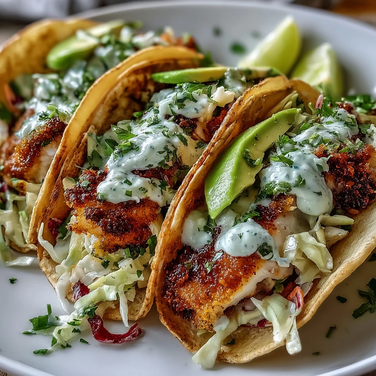 Goldbraun gebratene Fischfilets in warmen Tortillas mit Spicy Lime Fish Tacos und Koriander-Crema beträufelt.