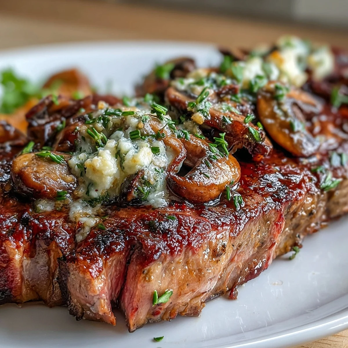 Saftig gebratene Wild Mushroom & Garlic Butter Steak mit cremiger Pilzkruste.