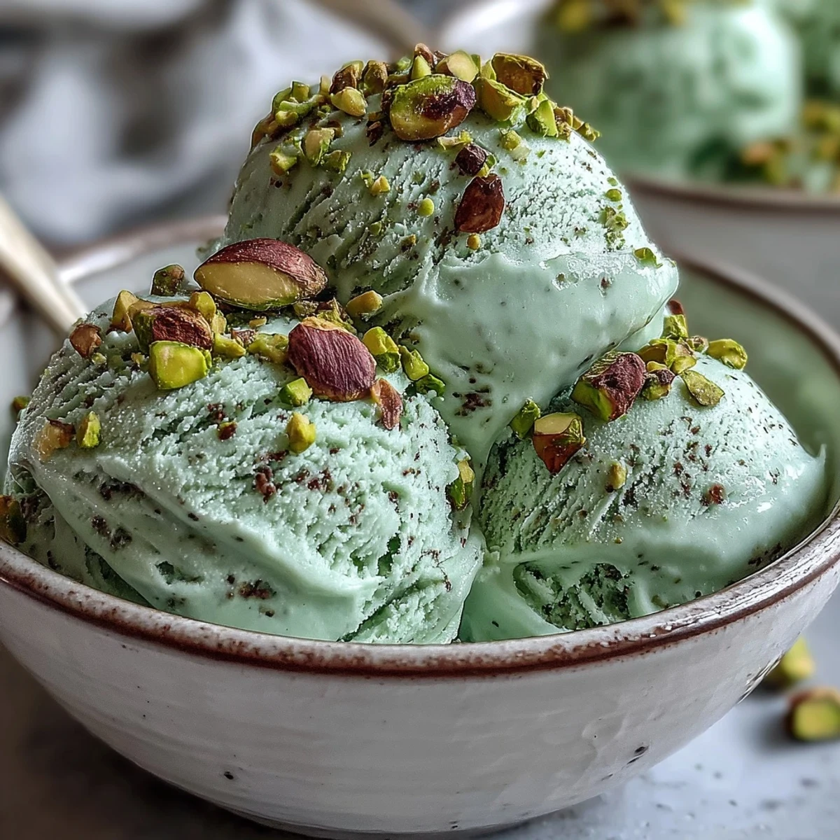 Creamy Italian Pistachio Gelato in a glass dish, garnished with roasted nuts and fresh mint for a vivid touch.