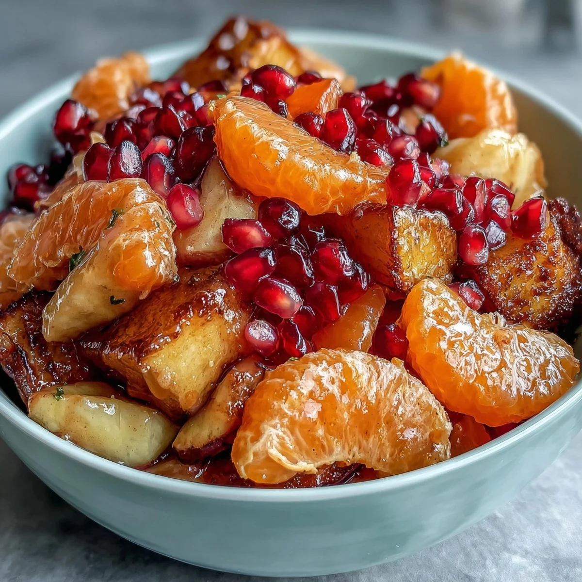 Chilled Winter Fruit Salad with Cinnamon Vanilla Dressing garnished with mint, ideal for holiday gatherings and potlucks.