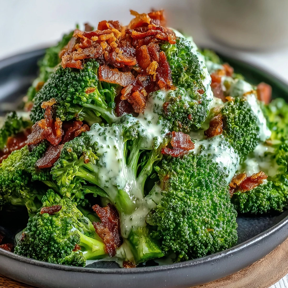 Crispy bacon crumbles over tender broccoli florets drenched in a glossy, savory garlic sauce for a quick Asian fusion side.