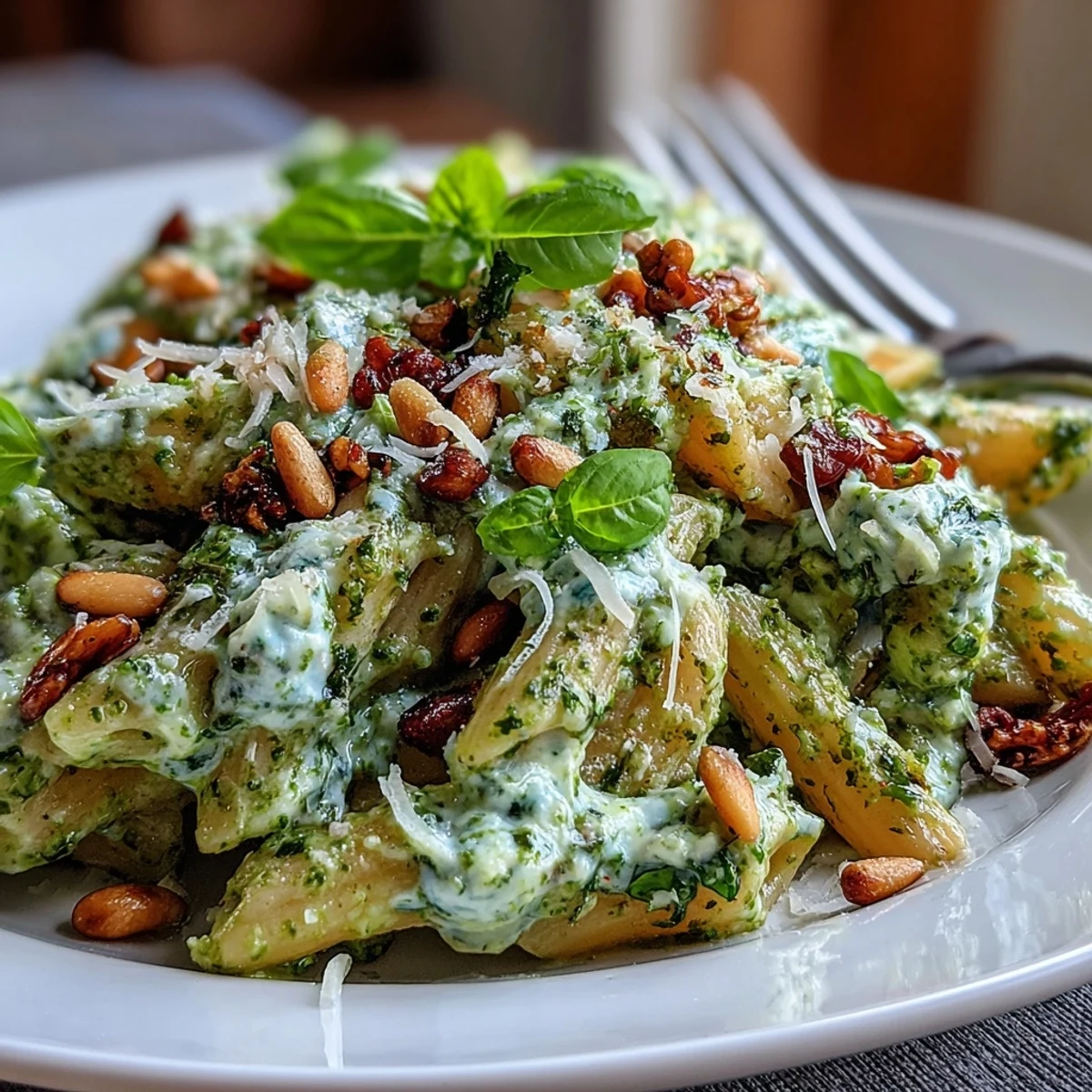 Steaming Cream Cheese Pesto Pasta in a rustic bowl, topped with pine nuts and a lemon wedge.