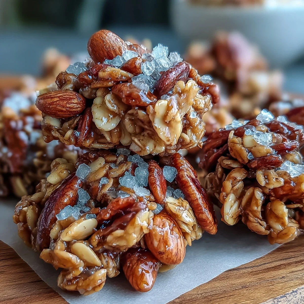 Goldene Salted Honey Granola Clusters auf weissem Teller, bestreut mit Fleur de Sel.