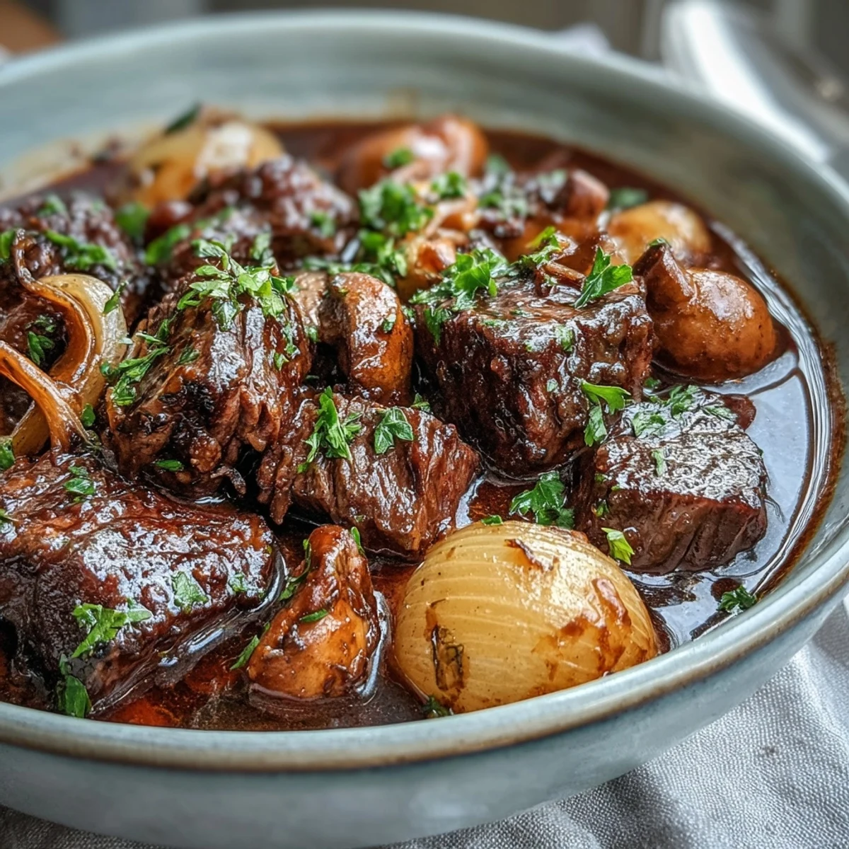 Genieße das würzige Wild Mushroom Beef Bourguignon mit goldbraunen Karotten in reichhaltiger Rotweinsoße.