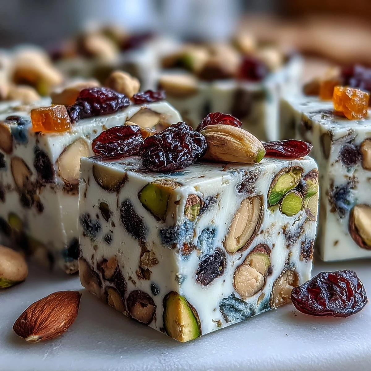 Golden squares of chewy Pistachio Nougat Candy studded with colorful dried fruits and nuts.
